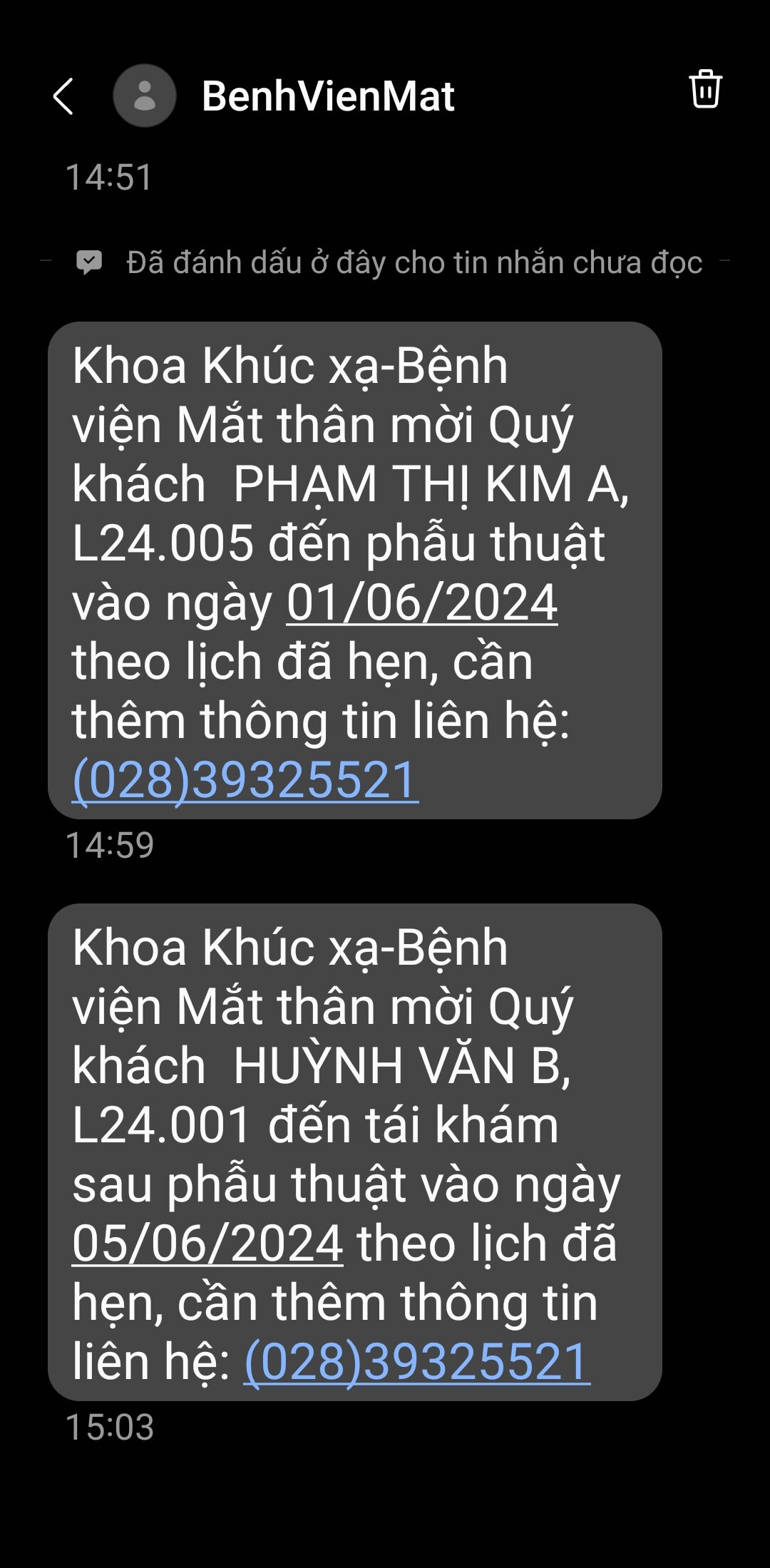 Hình ảnh tin nhắn gửi người bệnh nhắc hẹn phẫu thuật bằng SMS